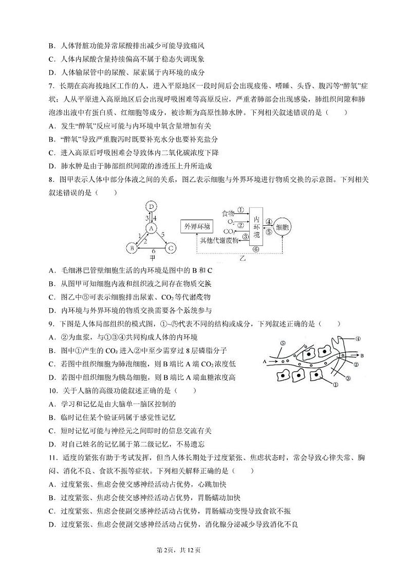 四川省资阳市乐至中学2023-2024学年高二上学期10月月考生物试题02