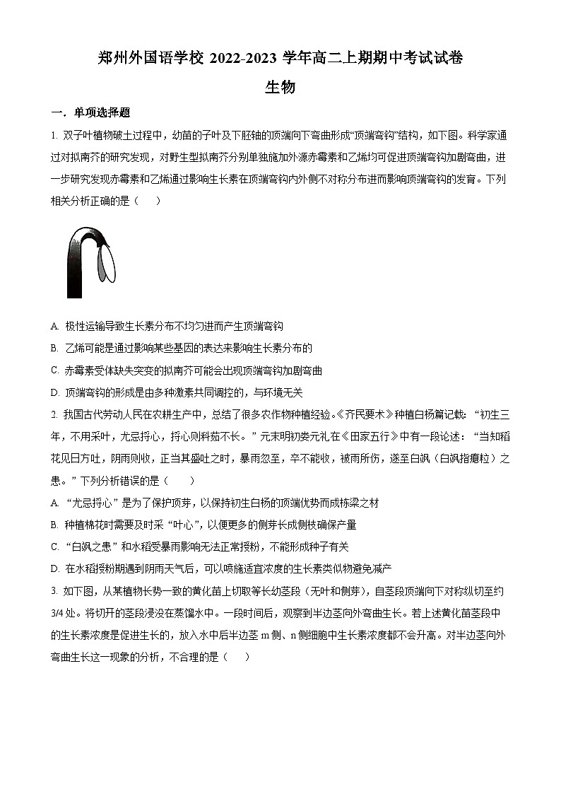 【期中真题】河南省郑州市外国语学校高二上学期期中生物试题01