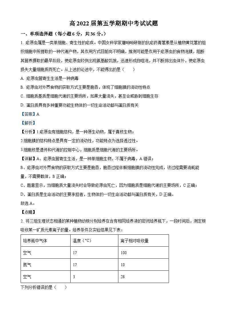 【期中真题】四川省自贡市田家柄中学教育集团2021-2022学年高三上学期期中生物试题（解析版）第1页