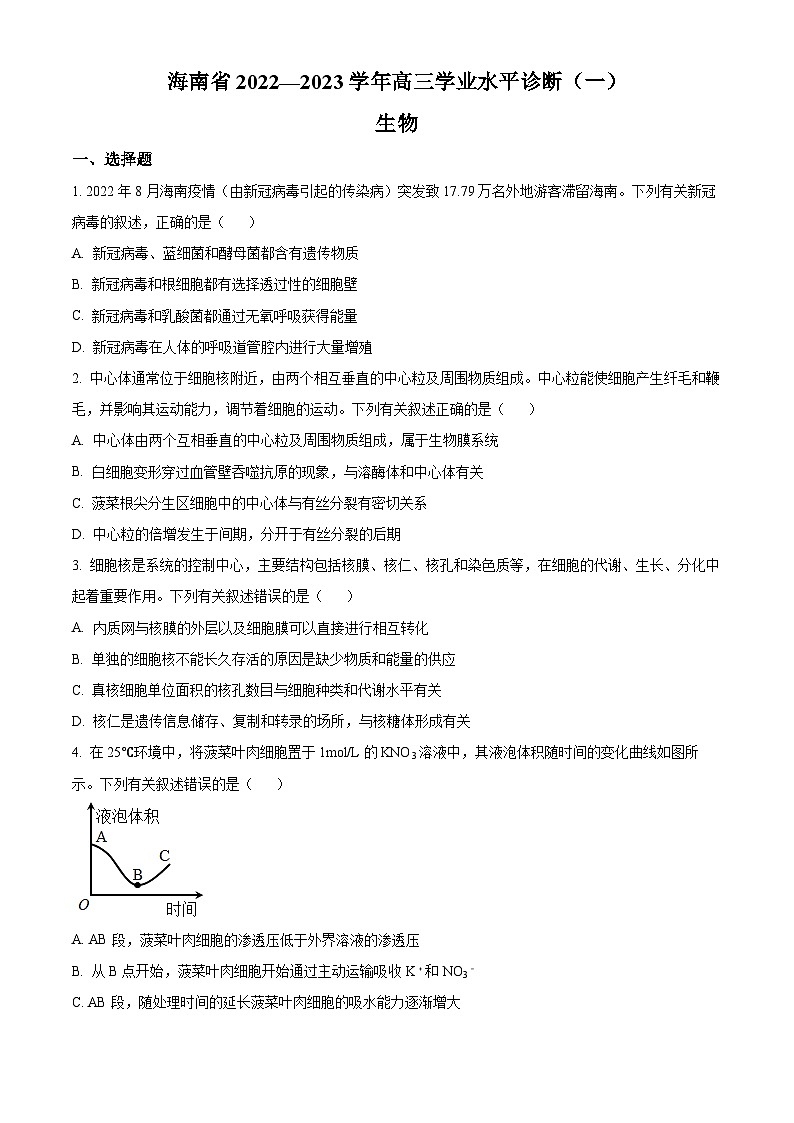 【期中真题】海南省2022-2023学年高三上学期11月联考生物试题（原卷版）第1页