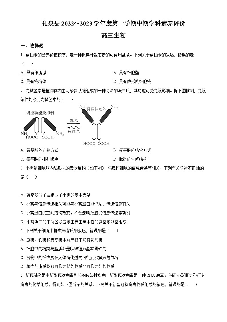 【期中真题】陕西省咸阳市礼泉县2022-2023学年高三上学期期中学科素养评价生物试题（原卷版）第1页