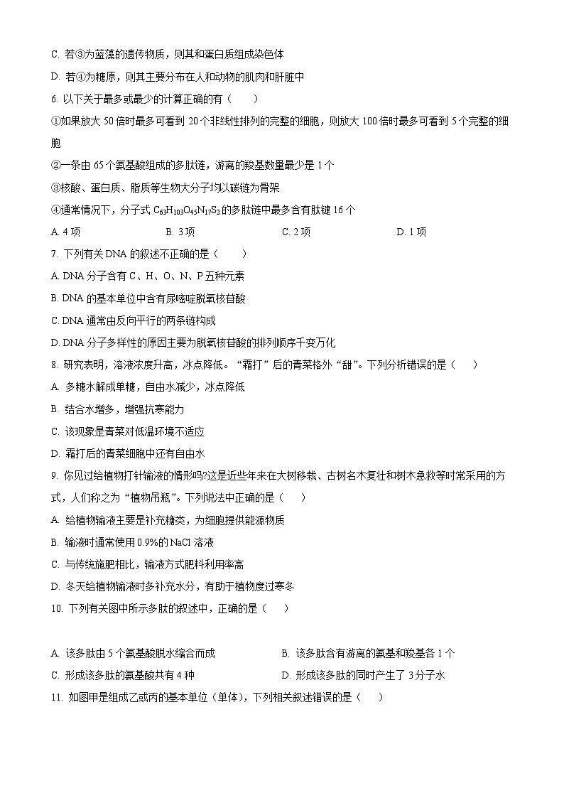 【期中真题】内蒙古北方重工集团三中2021-2022学年高一上学期期中生物试题（原卷版）第2页