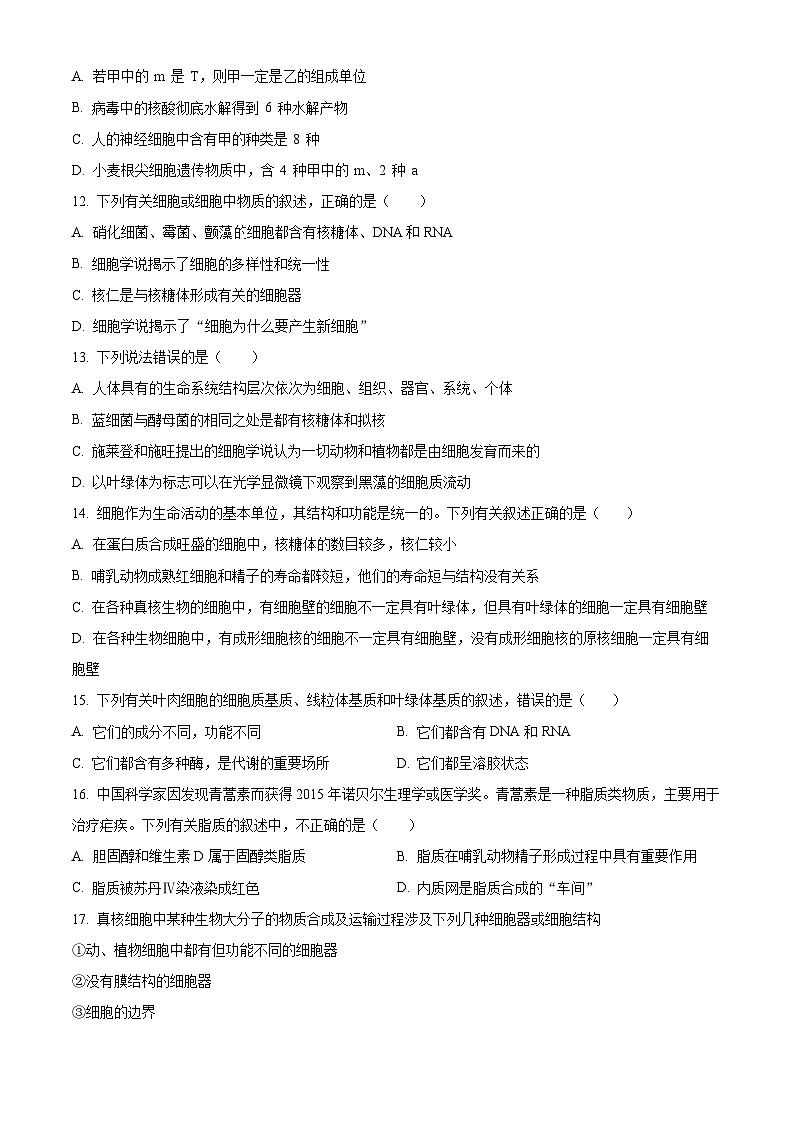 【期中真题】内蒙古北方重工集团三中2021-2022学年高一上学期期中生物试题（原卷版）第3页