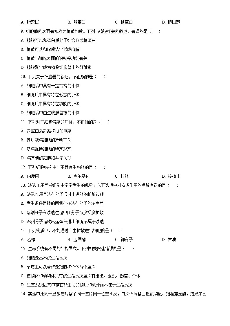 【期中真题】北京市中国人民大学附中高一上学期期中生物试题02