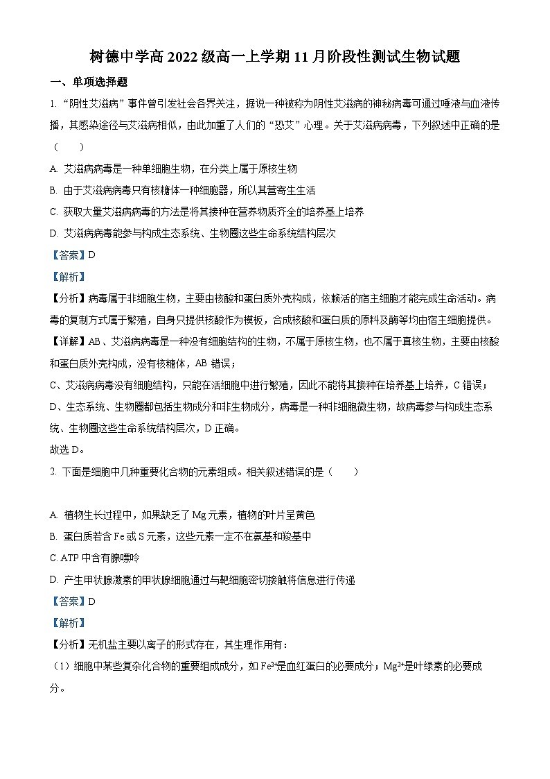 【期中真题】四川省成都市树德中学高一上学期11月（期中）阶段性测试生物试题01