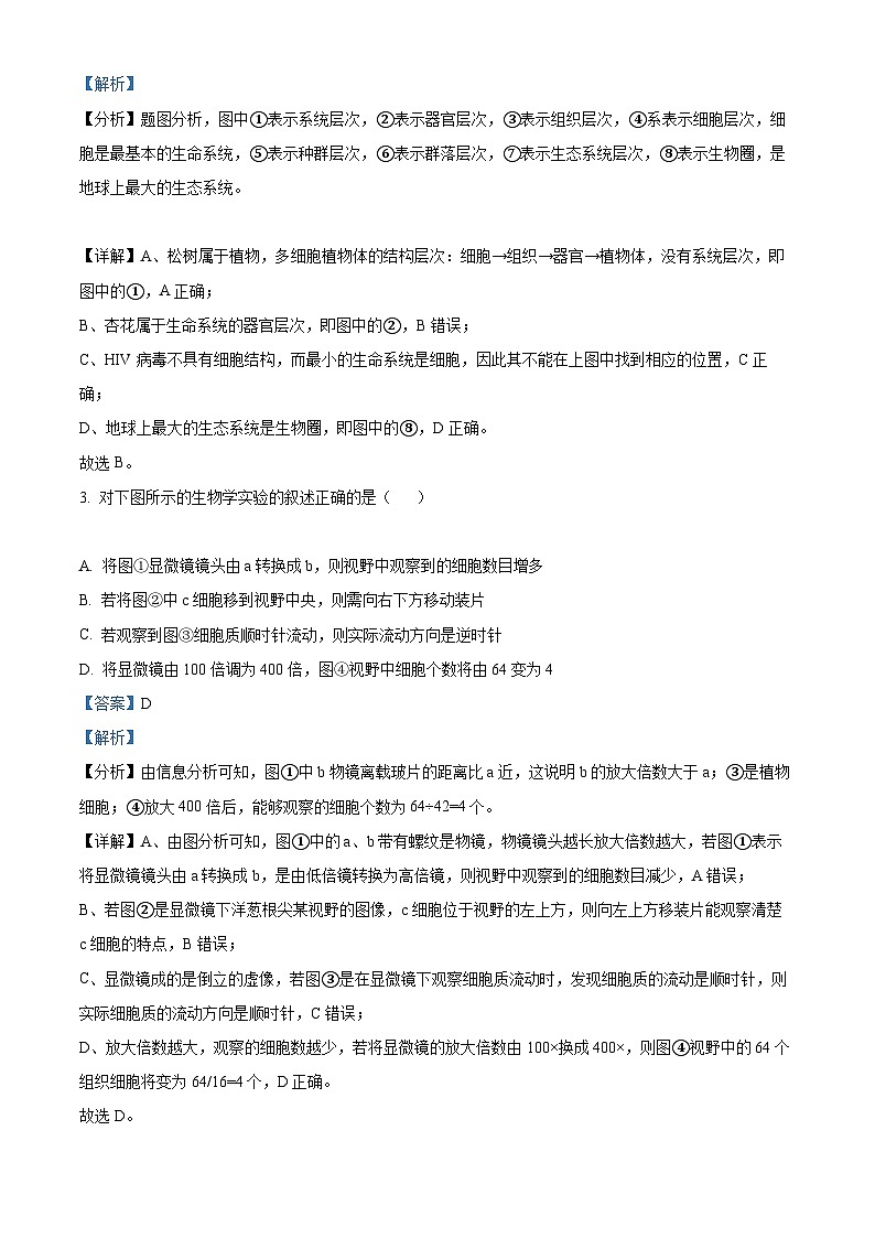 【期中真题】山西省大同市高一上学期期中教学质量监测生物学试题02