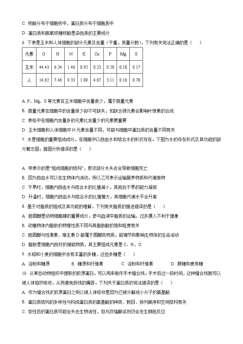 【期中真题】山西省大同市高一上学期期中教学质量监测生物学试题02