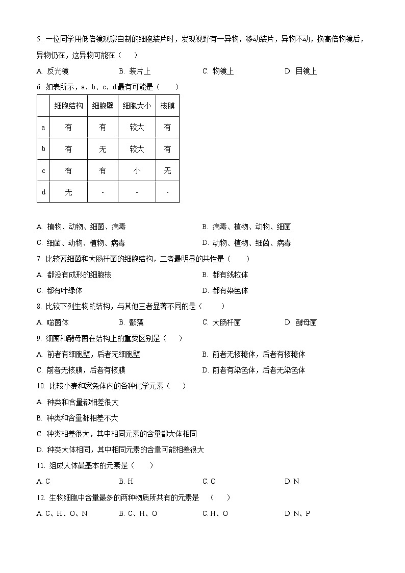 【期中真题】海南省儋州川绵中学等高一上学期期中生物试题02