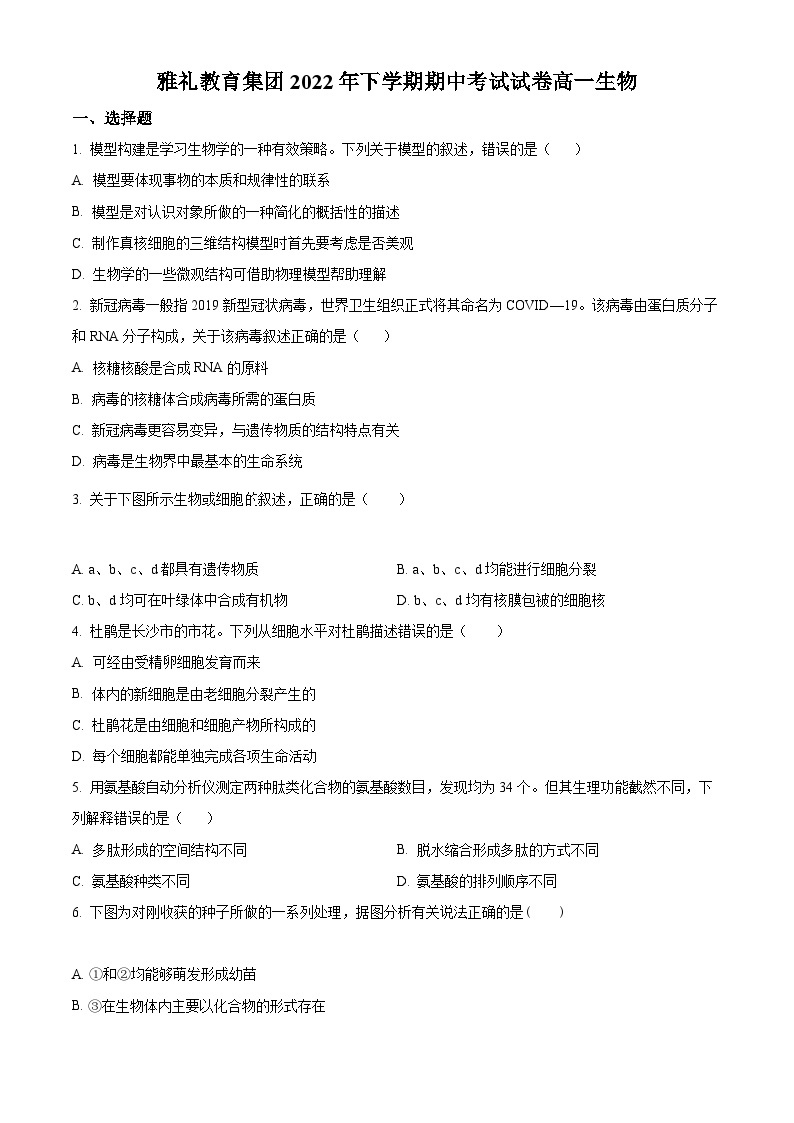 【期中真题】湖南省长沙市雅礼中学2022-2023学年高一上学期期中生物试题.zip01