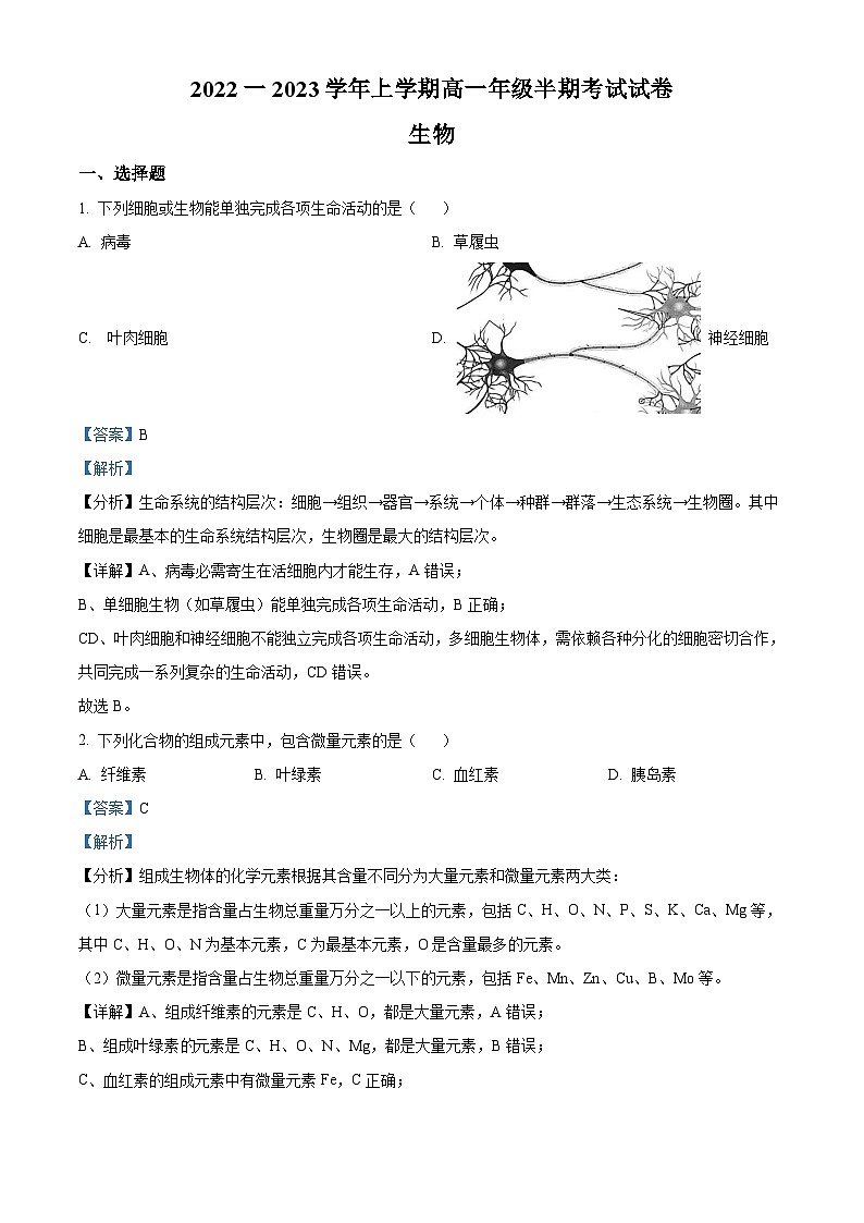 【期中真题】贵州省遵义市高一上学期期中生物试题01