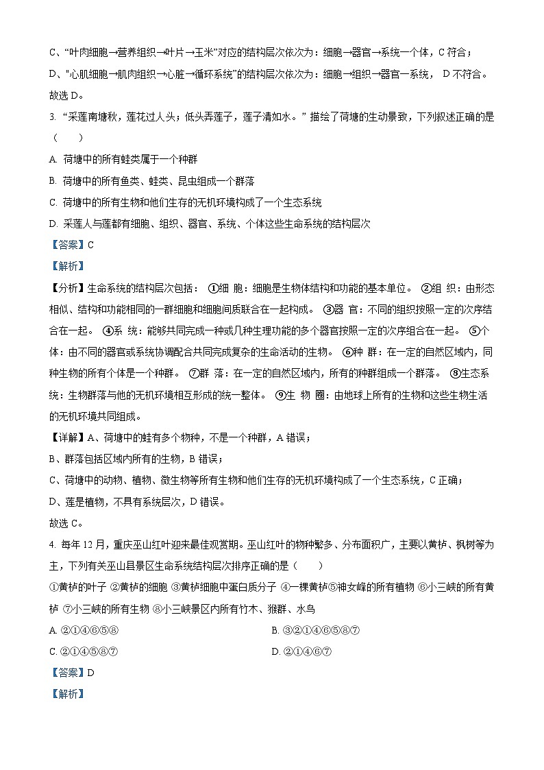 【期中真题】重庆市南开中学校高一上学期期中生物试题02