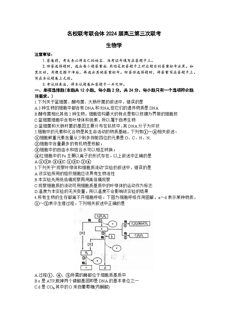 湖南省名校联考联合体2023-2024学年高三上学期10月第三次联考生物试题第1页
