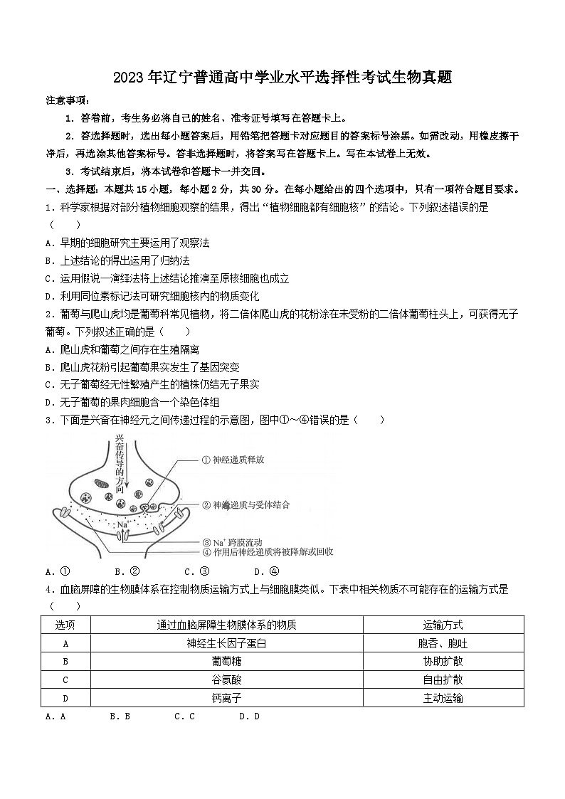 2023年辽宁普通高中学业水平选择性考试生物真题01