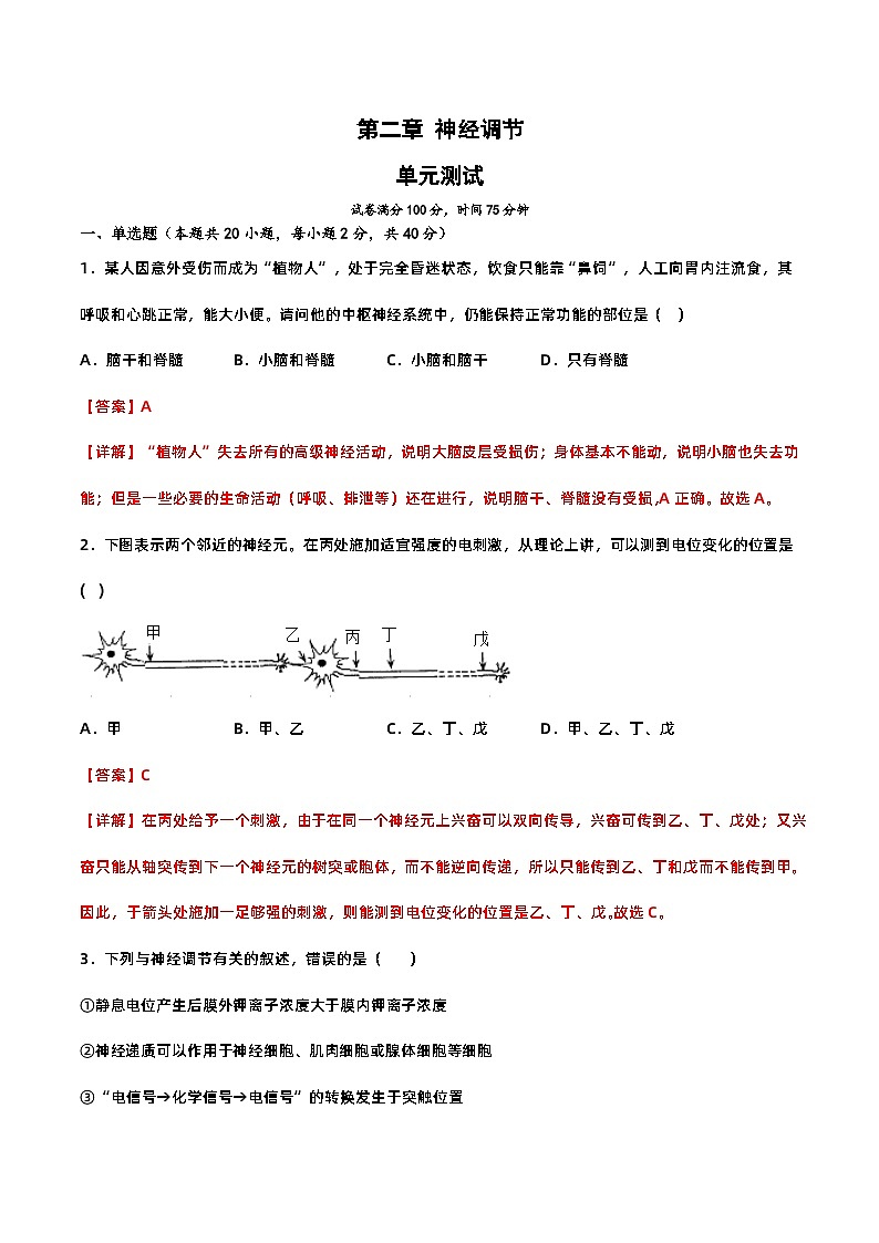 第二章+神经调节（单元复习课件+单元解读课件+单元知识清单+单元测试）-高二生物同步备课系列（人教版2019选择性必修1）01
