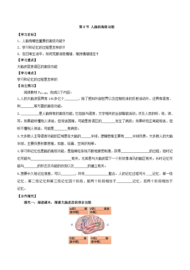 2.5 人脑的高级功能（导学案）（原卷版）第1页