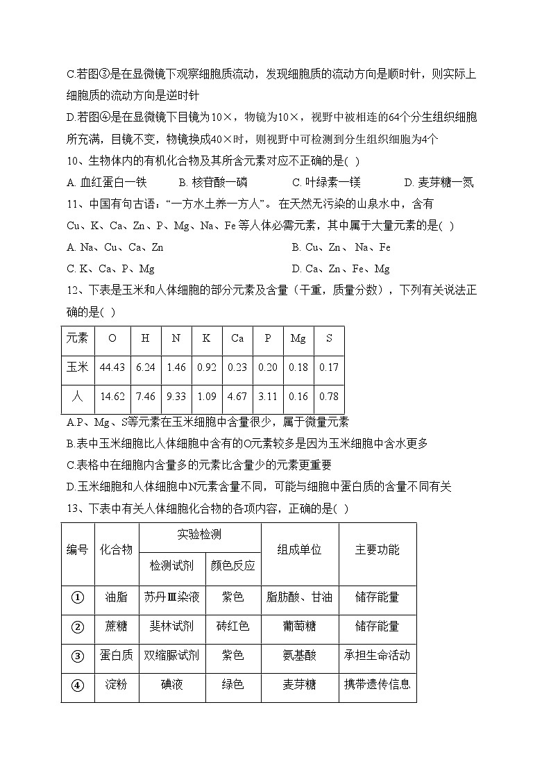 天津市武清区天和城实验中学2023-2024学年高一上学期第一次形成性检测生物试卷(含答案)第3页