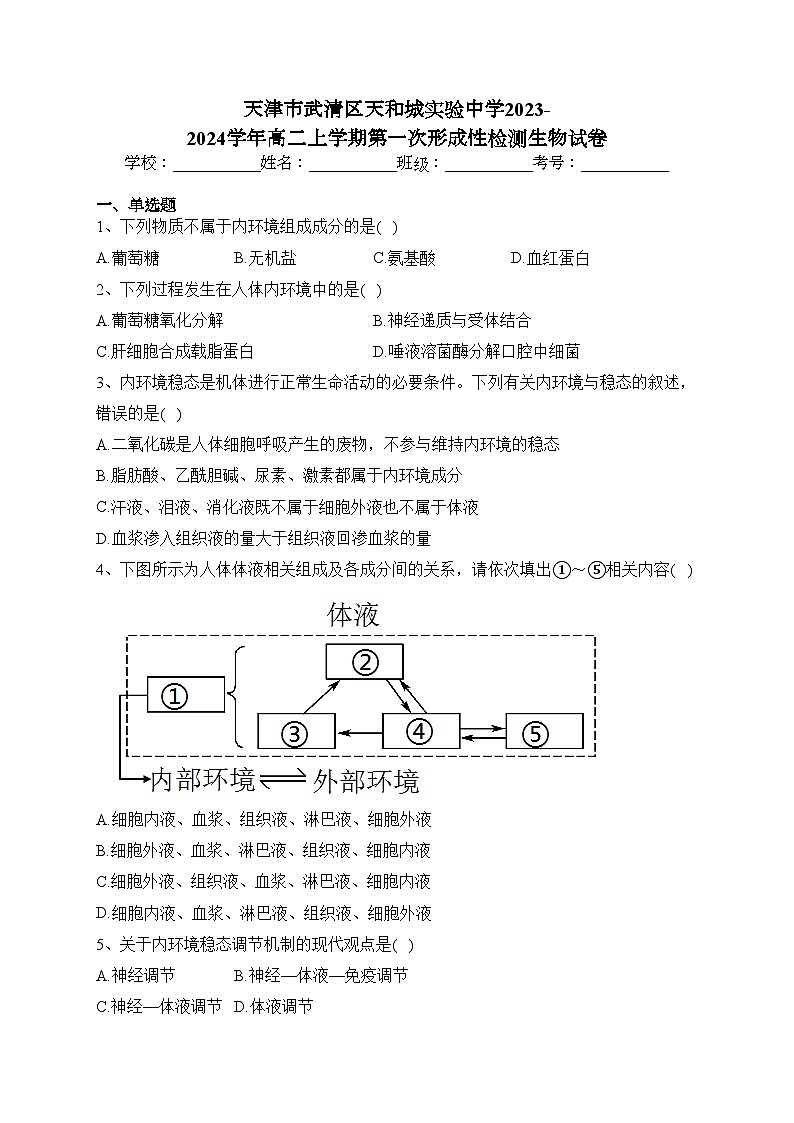 天津市武清区天和城实验中学2023-2024学年高二上学期第一次形成性检测生物试卷(含答案)01