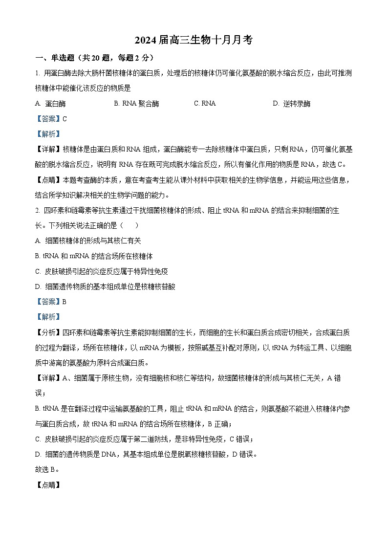浙江省金华市一中学2023-2024学年高三生物上学期10月月考试题（Word版附解析）01