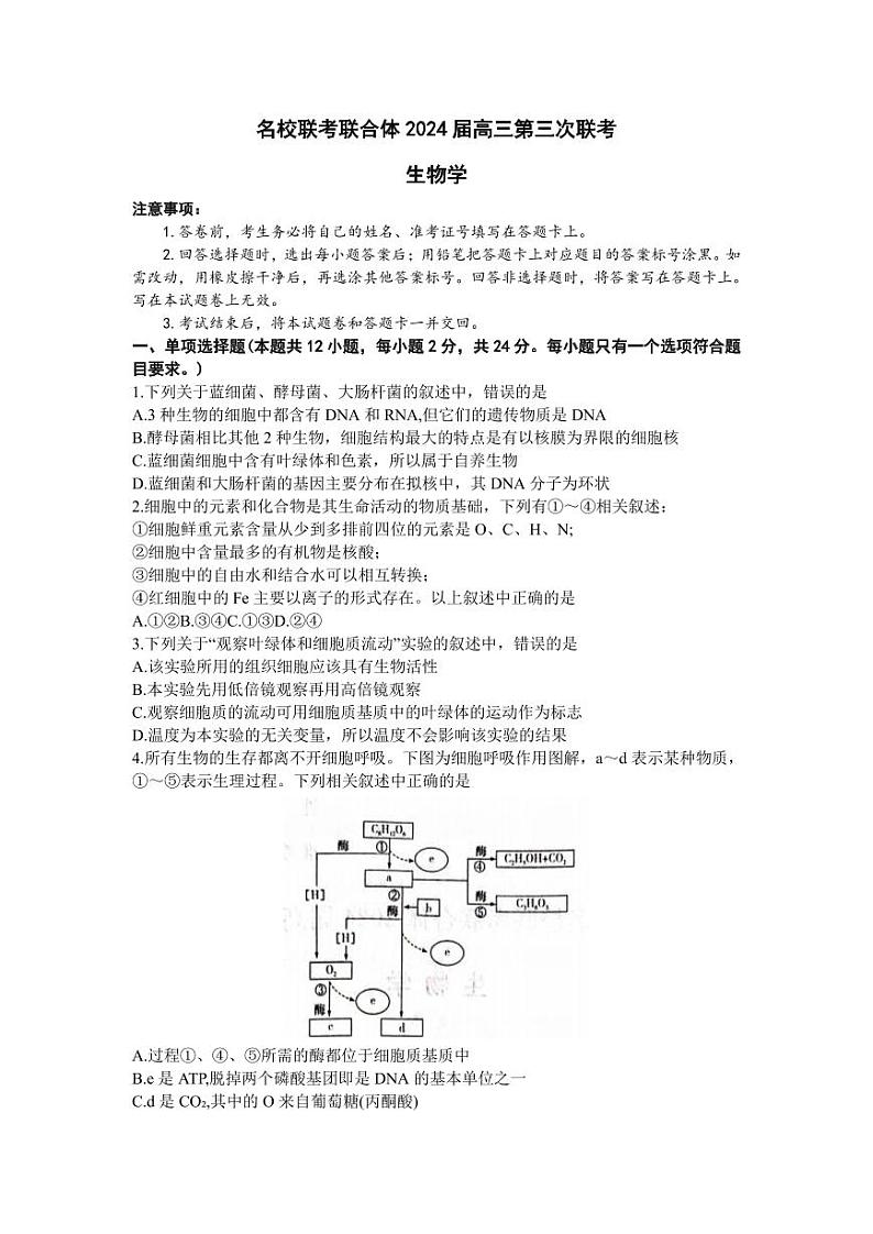 湖南省炎德英才名校联合体2024届高三生物上学期第三次联考试题（PDF版附解析）01