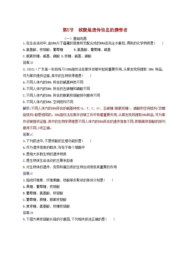 2023_2024学年新教材高中生物第2章组成细胞的分子第5节核酸是遗传信息的携带者课时作业新人教版必修1第1页