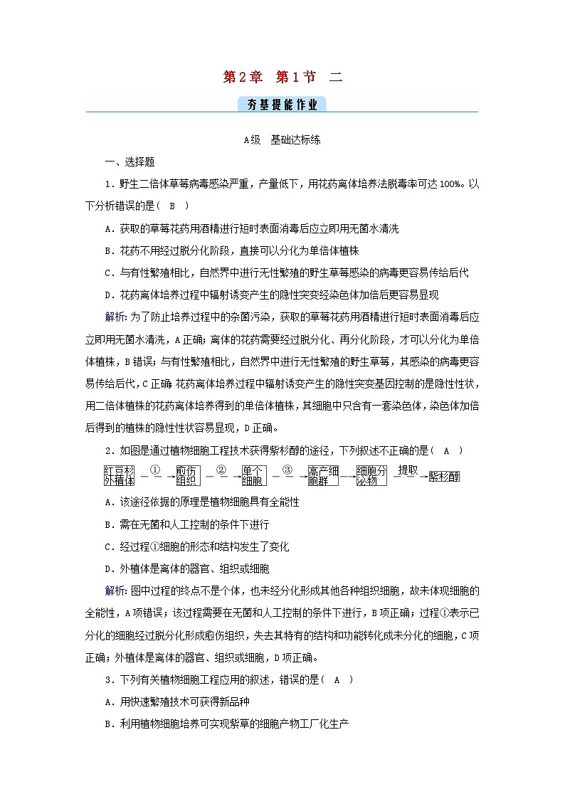 新教材2023年高中生物第2章细胞工程第1节植物细胞工程2植物细胞工程的应用提能作业新人教版选择性必修301