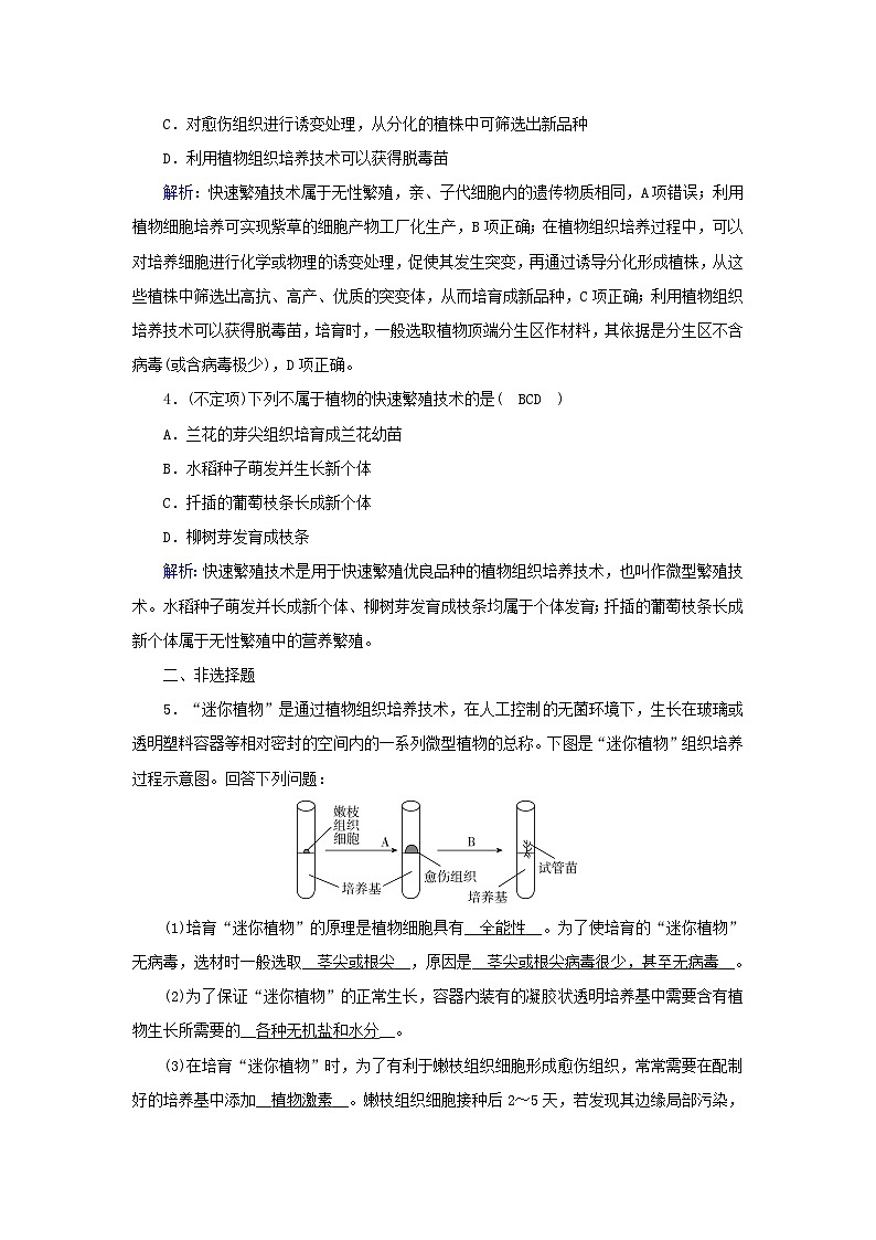 新教材2023年高中生物第2章细胞工程第1节植物细胞工程2植物细胞工程的应用提能作业新人教版选择性必修302