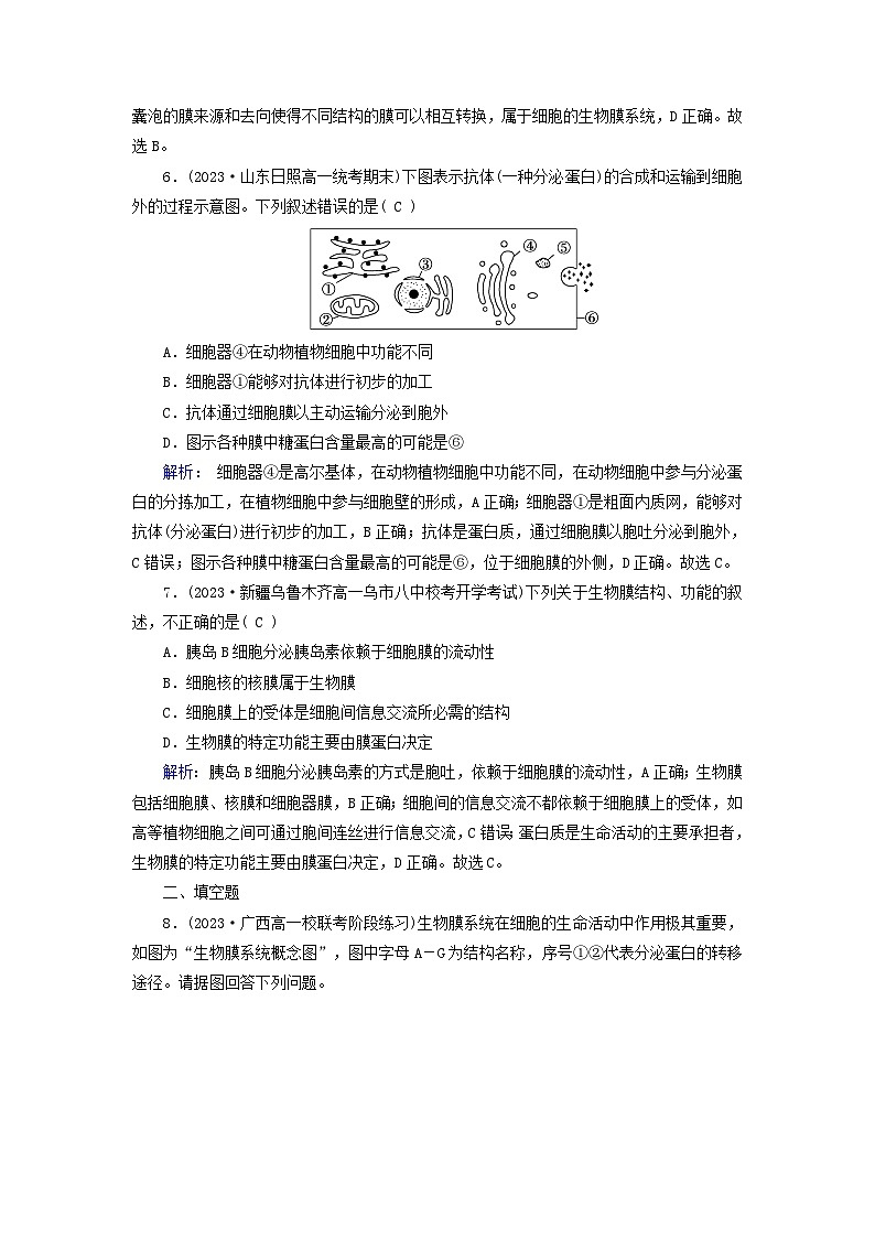 新教材适用2023_2024学年高中生物第3章细胞的基本结构第2节细胞器之间的分工合作第2课时细胞器之间的协调配合和细胞的生物膜系统提能作业新人教版必修103