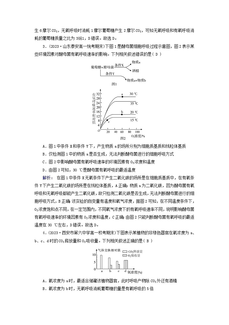 新教材适用2023_2024学年高中生物第5章细胞的能量供应和利用第3节细胞呼吸的原理和应用第2课时无氧呼吸与细胞呼吸原理的应用提能作业新人教版必修1 (1)第2页
