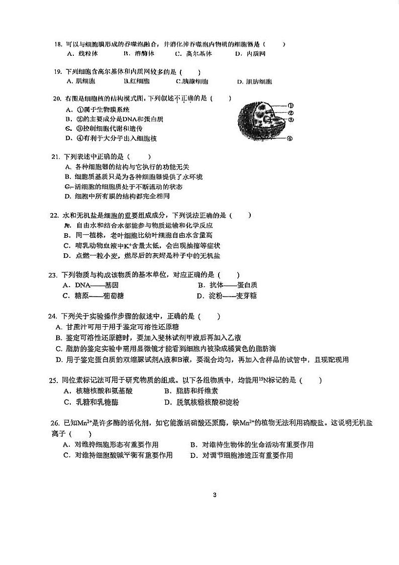 北京市交通大学附属中学2023-2024学年高一上学期期中考试生物试题第3页