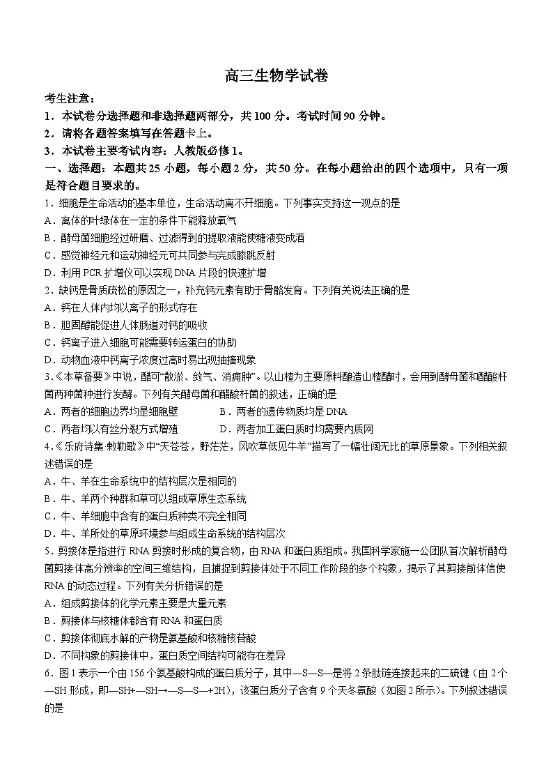 新疆兵团地州学校2023-2024学年高三上学期期中联考生物试题第1页