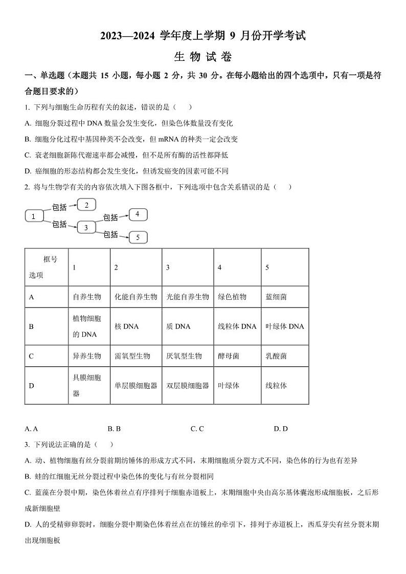 2023-2024学年辽宁沈阳新民市高级中学高三开学考试 生物试题（含答案）第1页