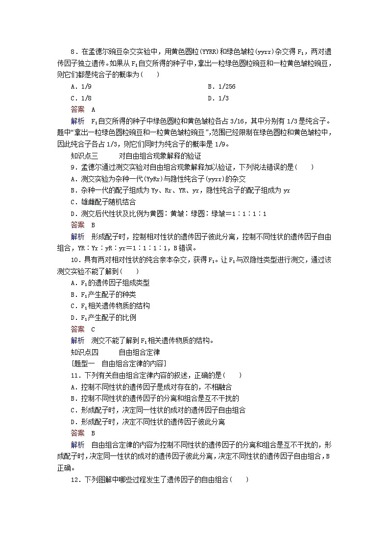 新教材2023版高中生物第1章遗传因子的发现第2节孟德尔的豌豆杂交实验二第1课时两对相对性状的杂交实验解释验证和自由组合定律同步检测新人教版必修203