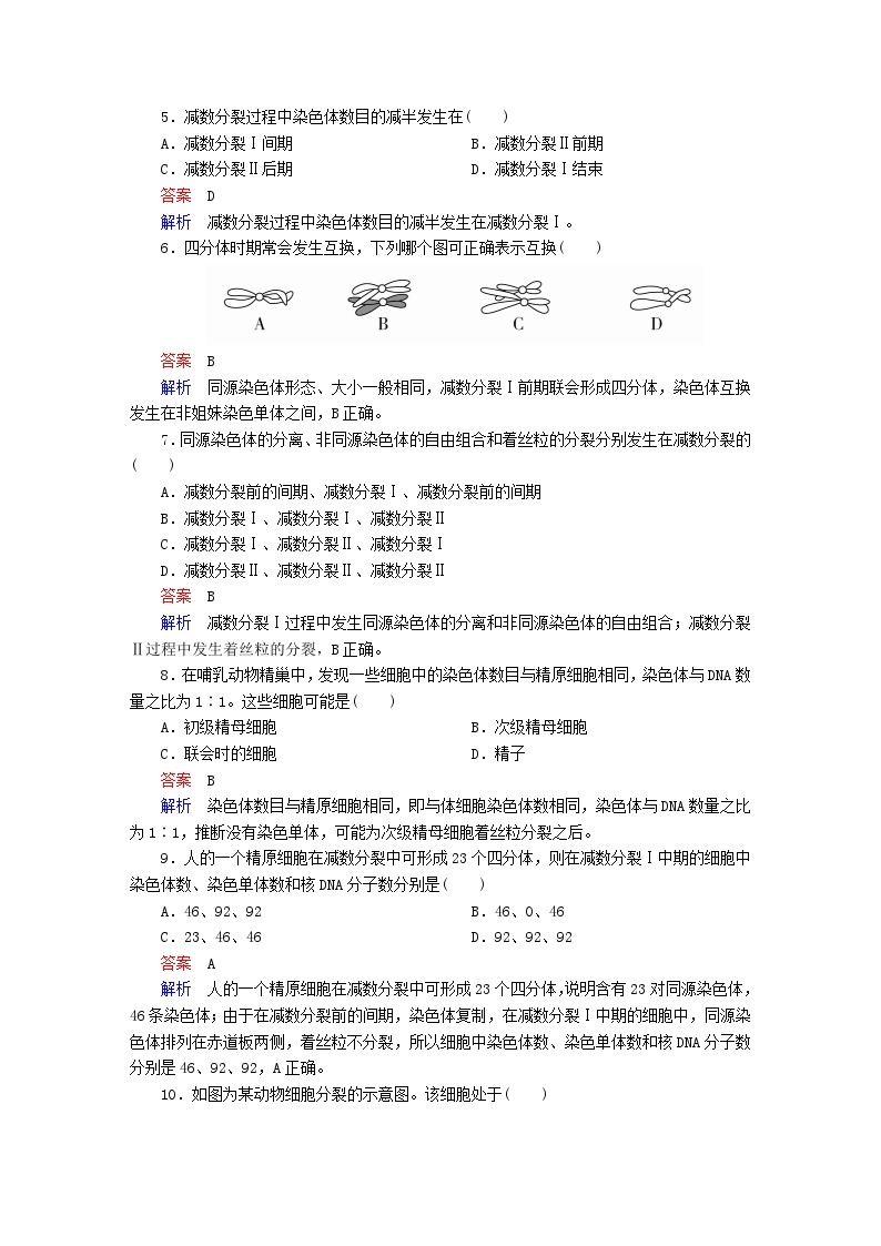 新教材2023版高中生物第2章基因和染色体的关系第1节减数分裂和受精作用第1课时精子的形成过程同步检测新人教版必修202