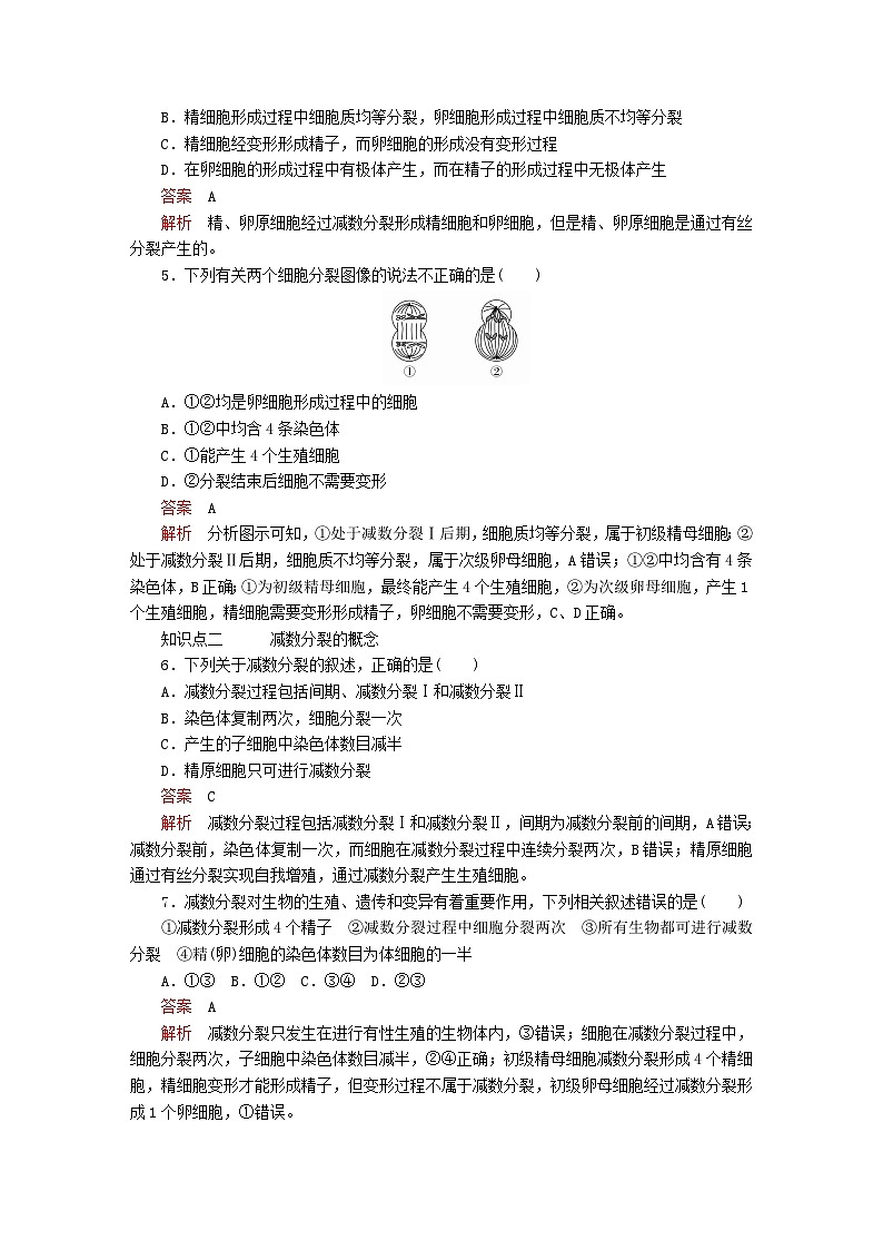 新教材2023版高中生物第2章基因和染色体的关系第1节减数分裂和受精作用第2课时卵细胞的形成过程和受精作用同步检测新人教版必修2第2页