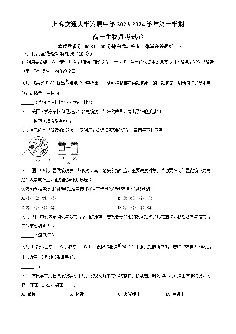 2024上海市上海交通大学附中高一上学期10月考试生物含解析第1页