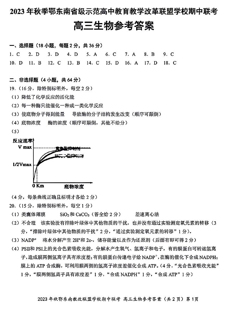 2023年秋季鄂东南省级示范高中教育教学改革联盟学校期中联考高三生物参考答案第1页