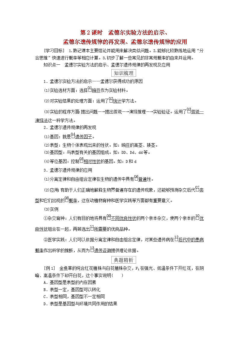2023年新教材高中生物第1章遗传因子的发现第2节孟德尔的豌豆杂交实验二第2课时孟德尔实验方法的启示孟德尔遗传规律的再发现孟德尔遗传规律的应用导学案新人教版必修2第1页