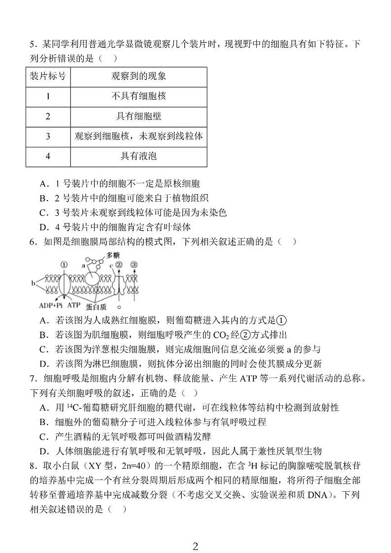 江苏省南通市2024届高三生物上学期期中考试考前模拟卷（PDF版附答案）02