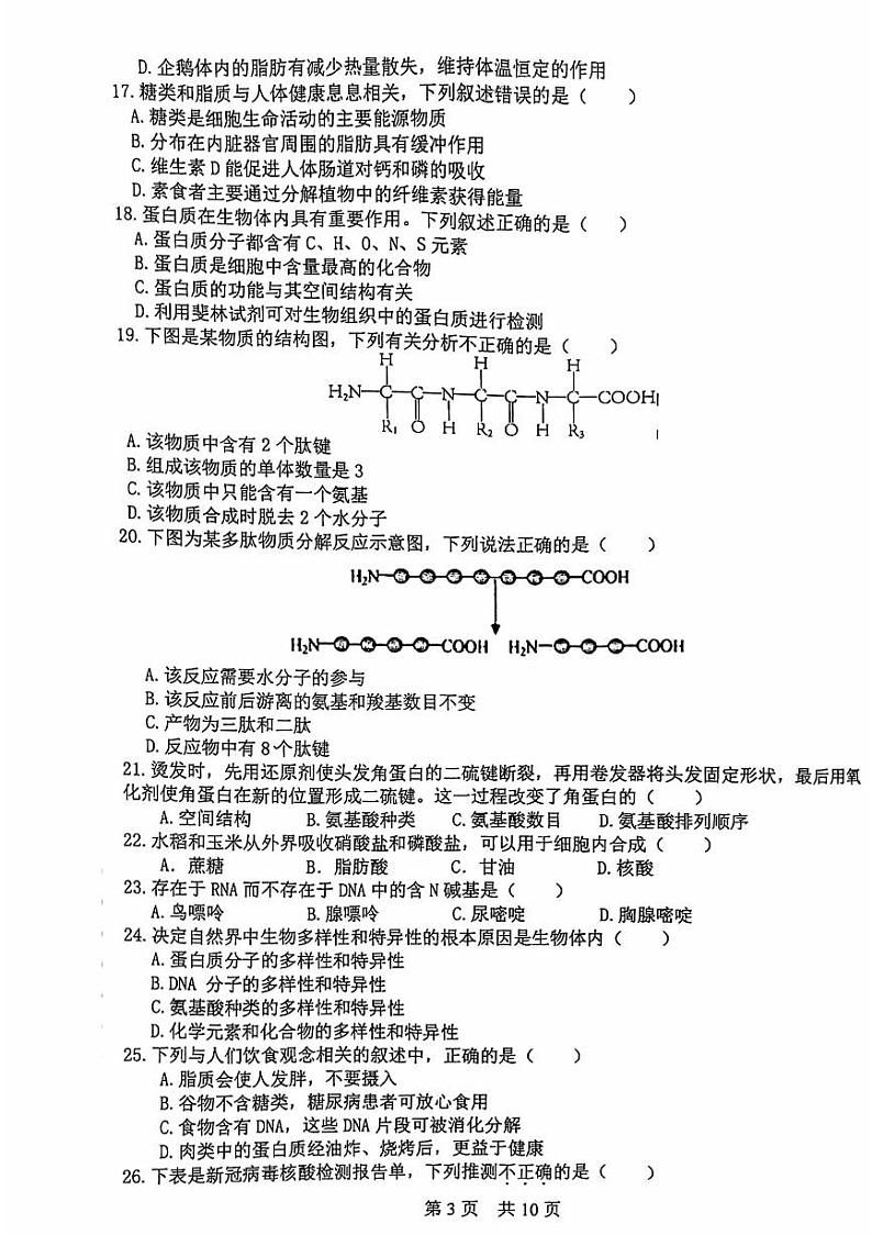 2023北京一零一中高一（上）期中生物(1) 试卷03