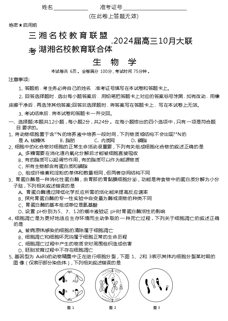 2024届湖南省三湘名校教育联盟、湖湘名校教育联合体高三10月大联考生物第1页