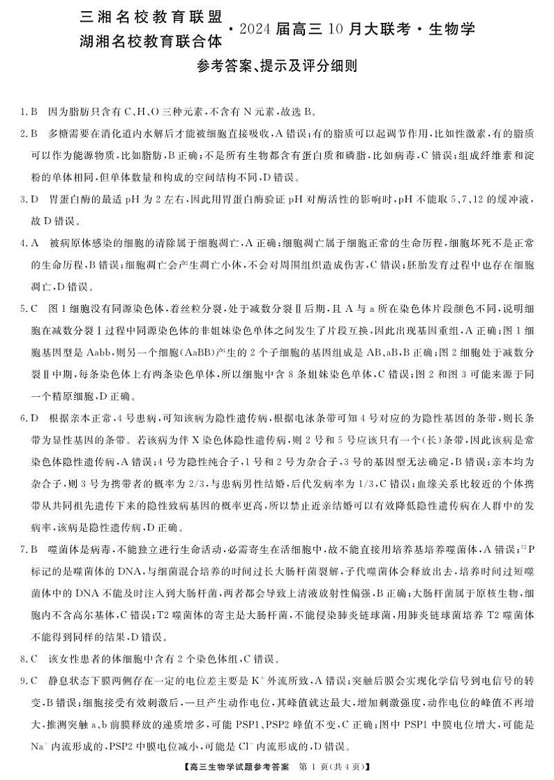 2024届湖南省三湘名校教育联盟、湖湘名校教育联合体高三10月大联考生物答案第1页