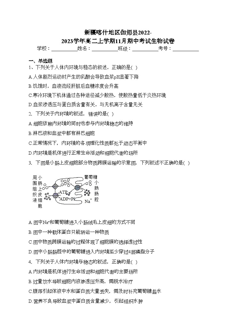 新疆喀什地区伽师县2022-2023学年高二上学期11月期中考试生物试卷(含答案)第1页