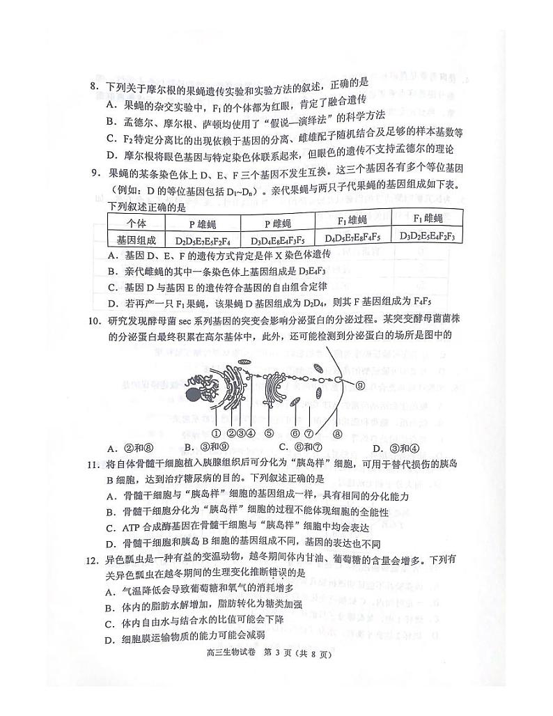 广东省佛山市顺德区2023-2024学年普通高中高三教学质量检测（一）生物试题（无答）第3页