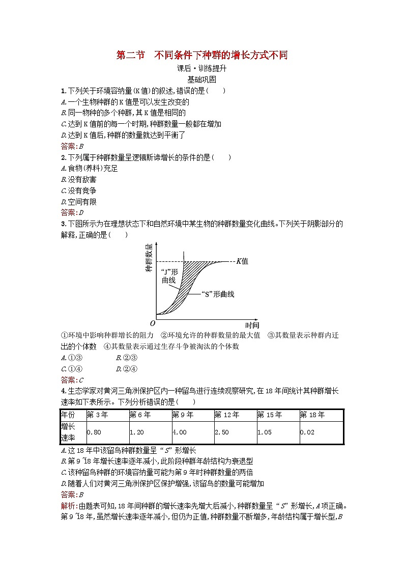 浙江专版2023_2024学年新教材高中生物第1章种群第2节不同条件下种群的增长方式不同课后训练浙科版选择性必修2第1页