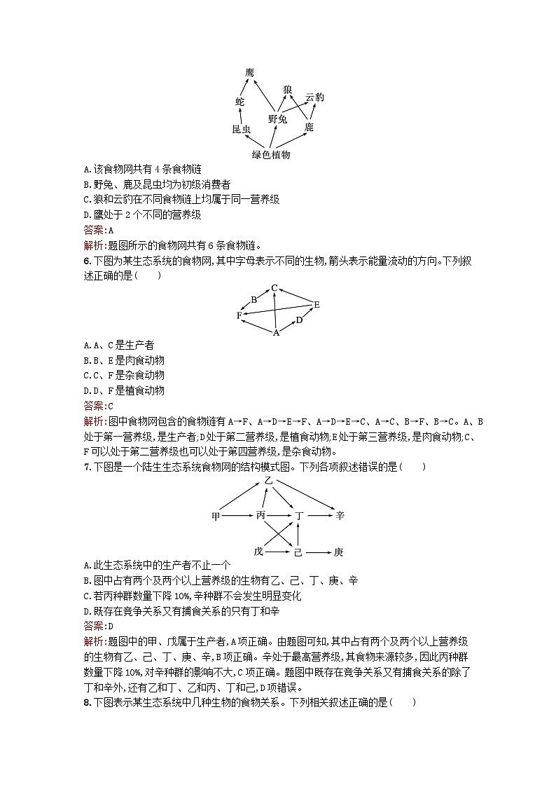 浙江专版2023_2024学年新教材高中生物第3章生态系统第2节食物链和食物网形成生态系统的营养结构课后训练浙科版选择性必修202