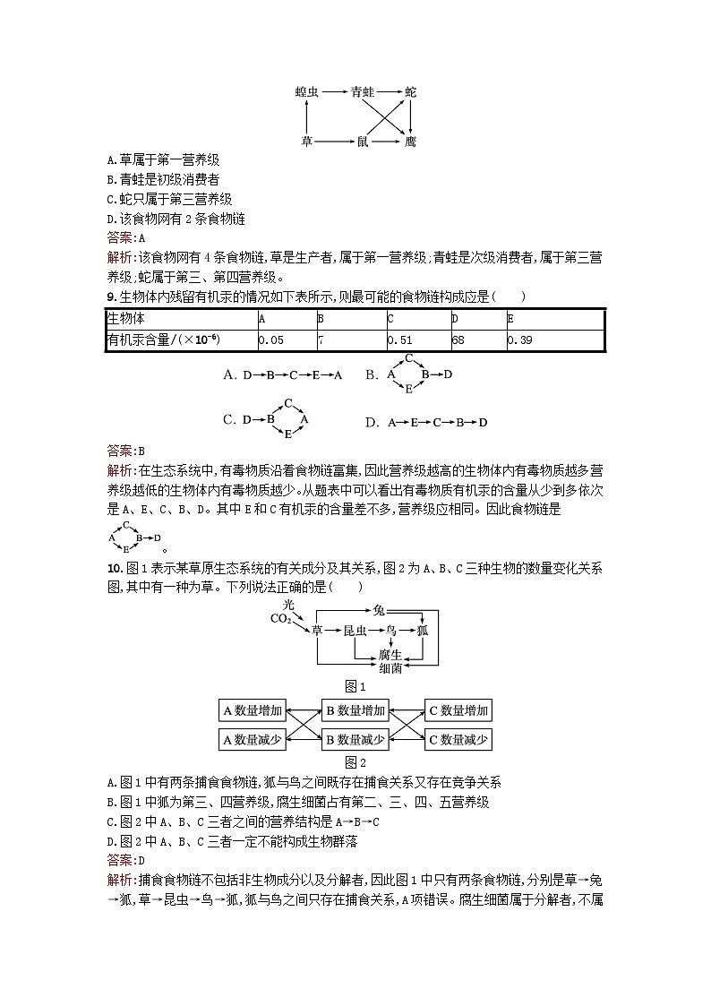 浙江专版2023_2024学年新教材高中生物第3章生态系统第2节食物链和食物网形成生态系统的营养结构课后训练浙科版选择性必修203