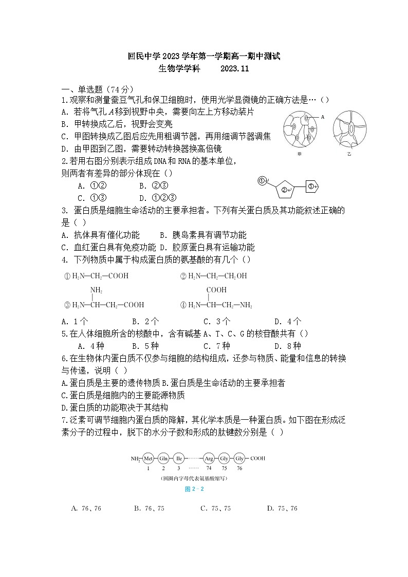 上海市回民中学2023-2024学年高一上学期期中考试生物试题01