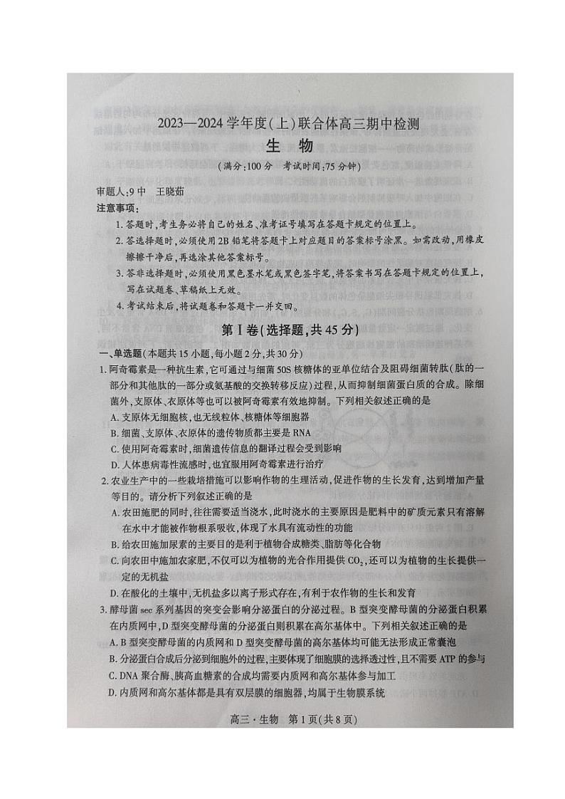 2024沈阳重点高中联合体高三上学期期中考试生物PDF版含答案第1页