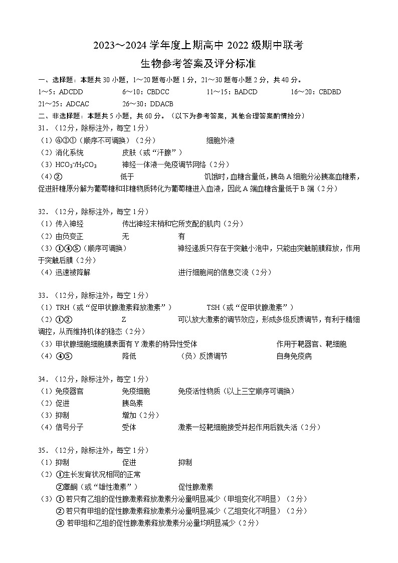 2023～2024学年度上期高中2022级期中联考生物参考答案及评分标准第1页