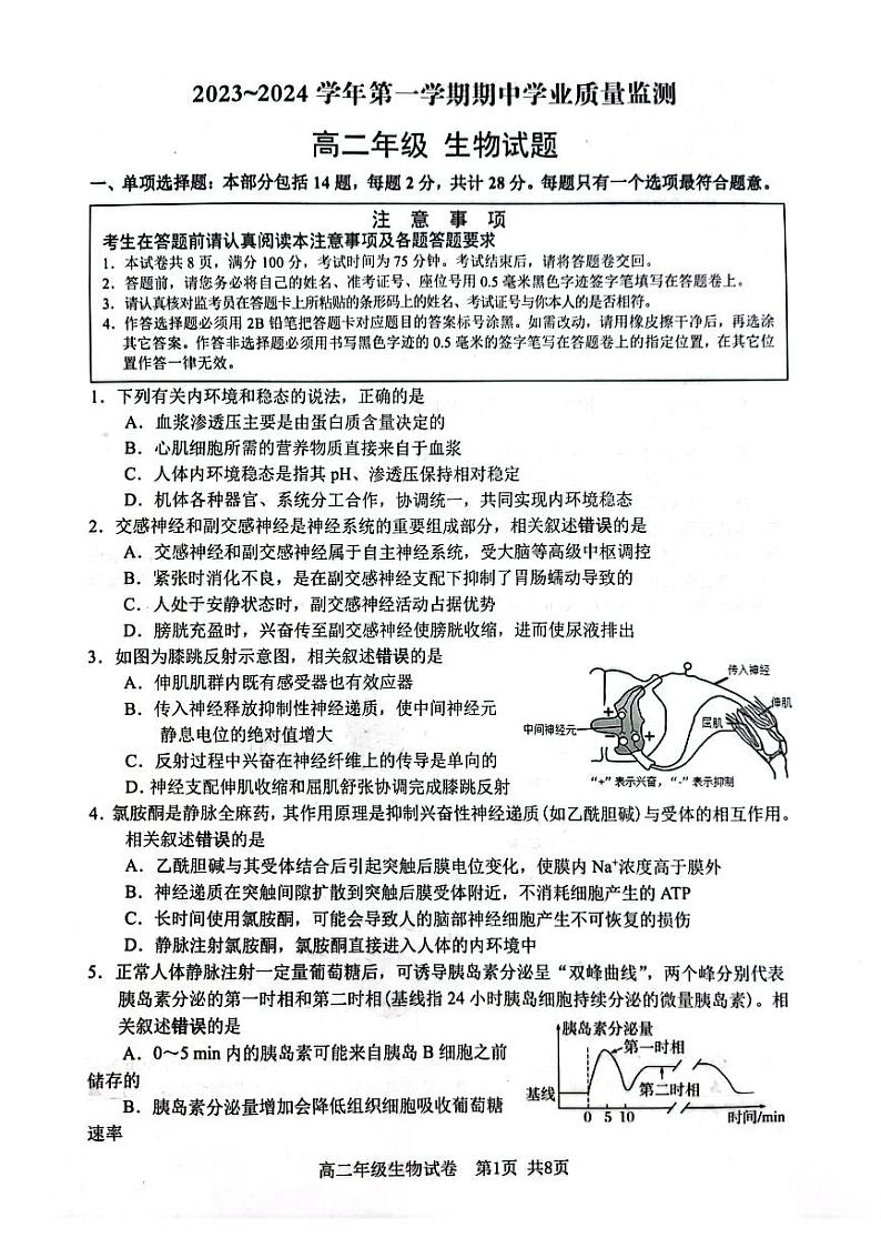 江苏省连云港市赣榆区2023-2024学年高二上学期期中考试生物试题01